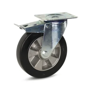 Black elastic rubber swivel castor braked with top plate - 200mm - 450kg