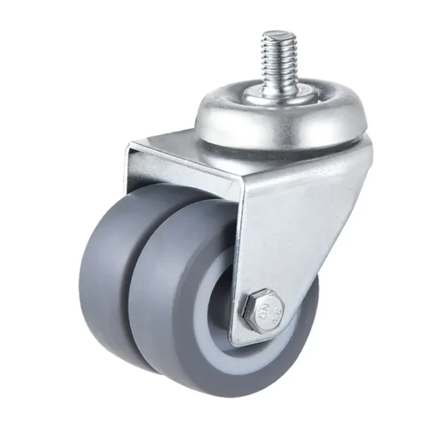 50mm Dual Wheel Swivel Caster with M10x15 Threaded Stem – Low Profile